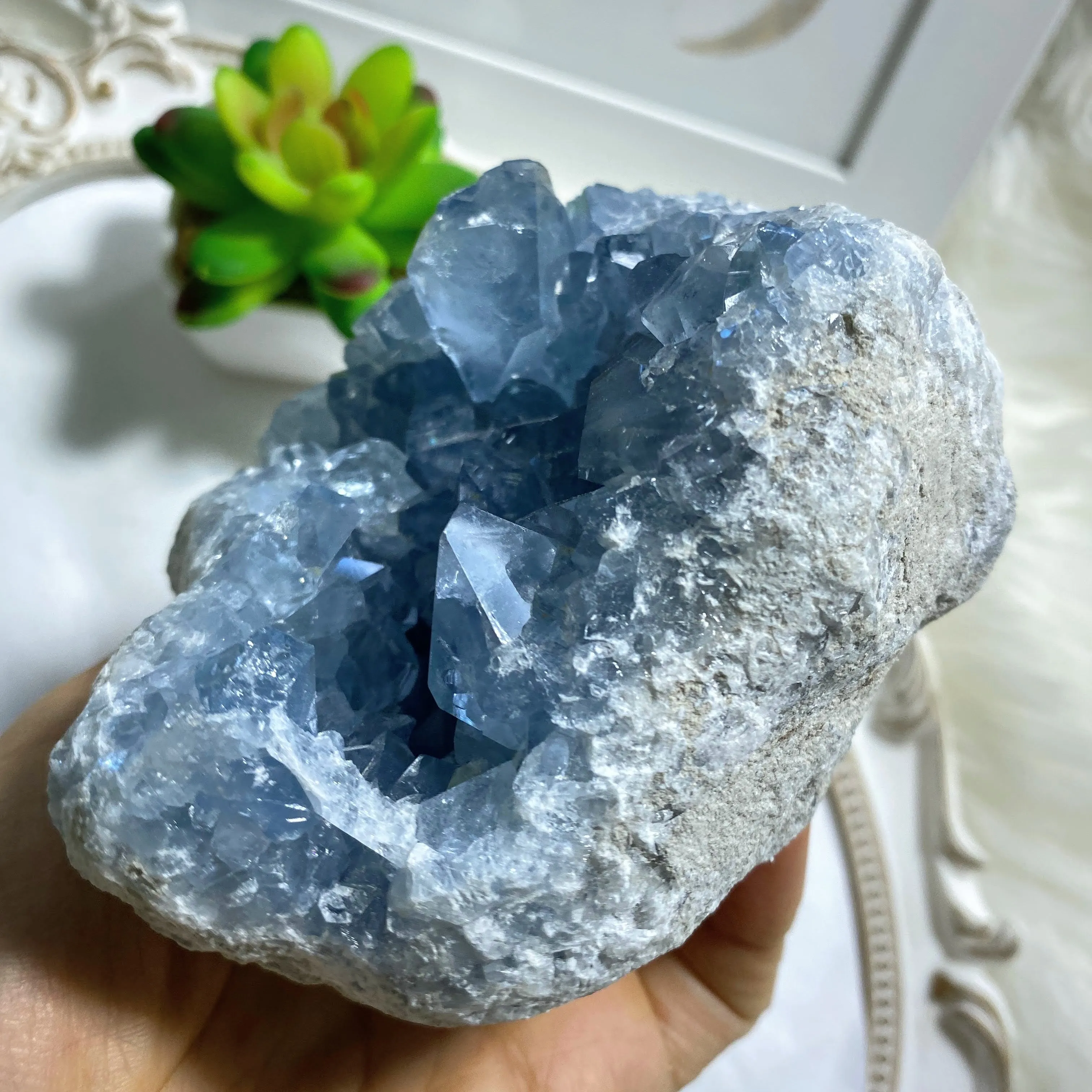 1 KG XL Celestite Sweet Blue Natural Druzy Display Geode From Madagascar