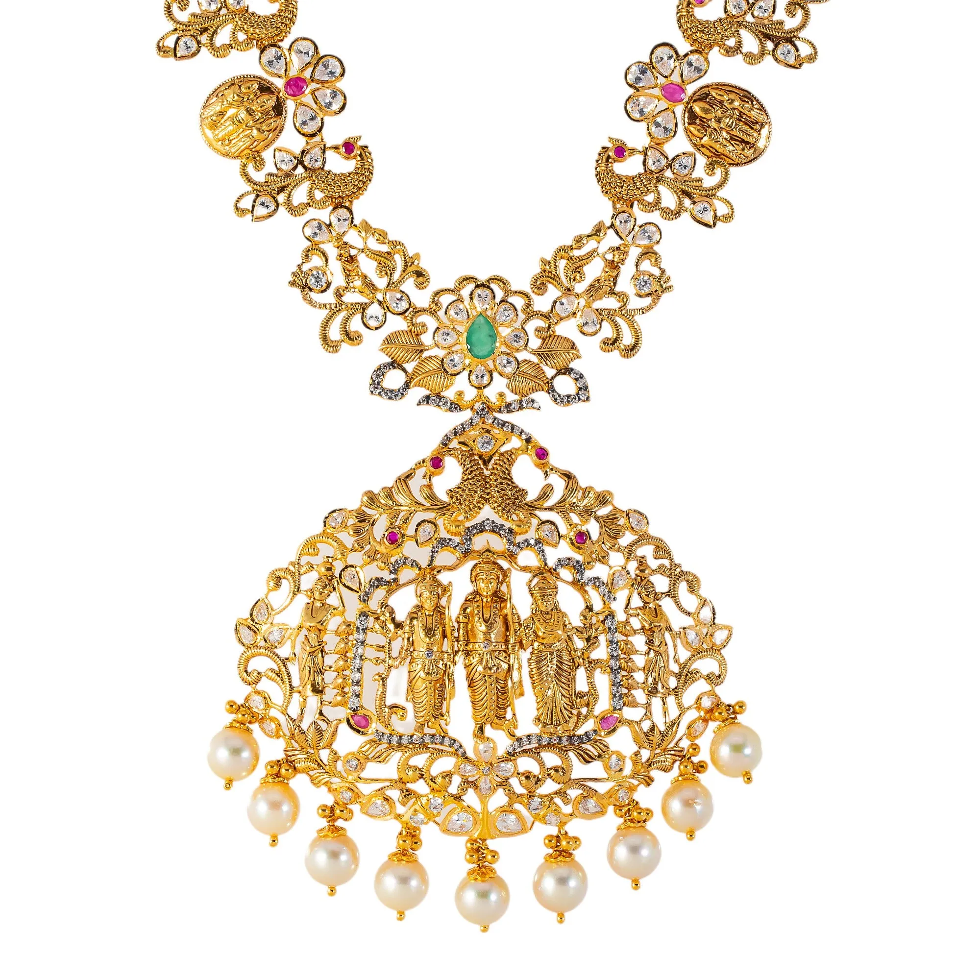 22k Yellow Gold, Emerald, Ruby, CZ & Pearl Temple Necklace (103.9gm)