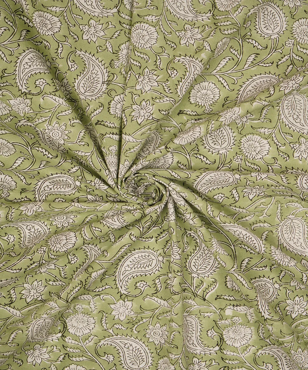 2.5 m light green cotton hand block printed sanganeri kurta material