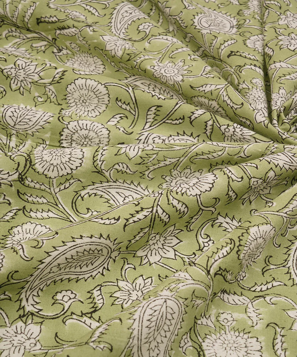 2.5 m light green cotton hand block printed sanganeri kurta material