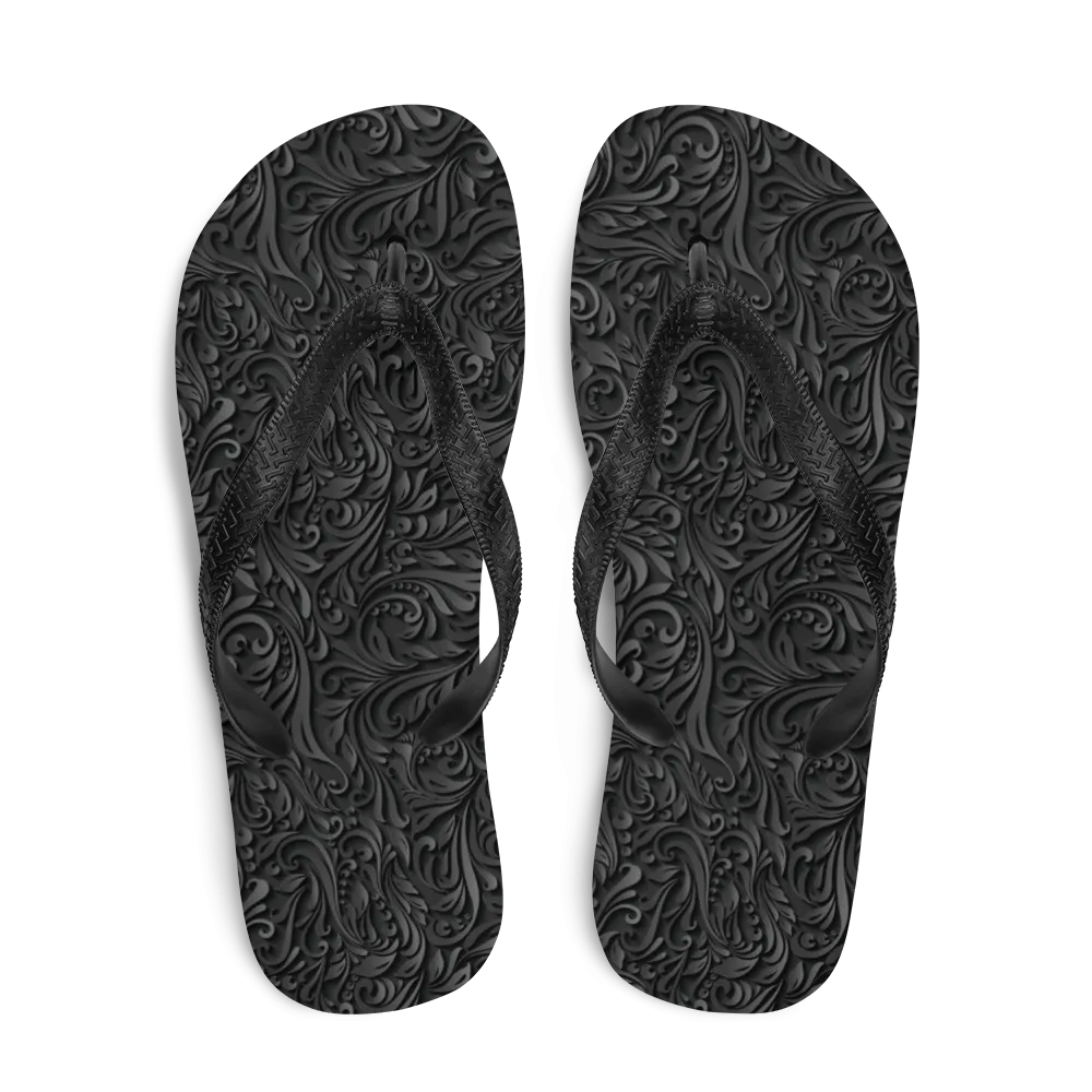 3D Black Ornament Pattern Flip-Flops