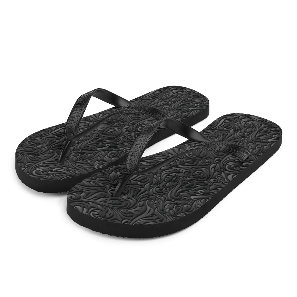 3D Black Ornament Pattern Flip-Flops