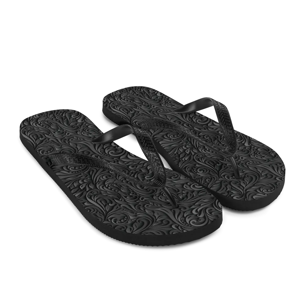 3D Black Ornament Pattern Flip-Flops