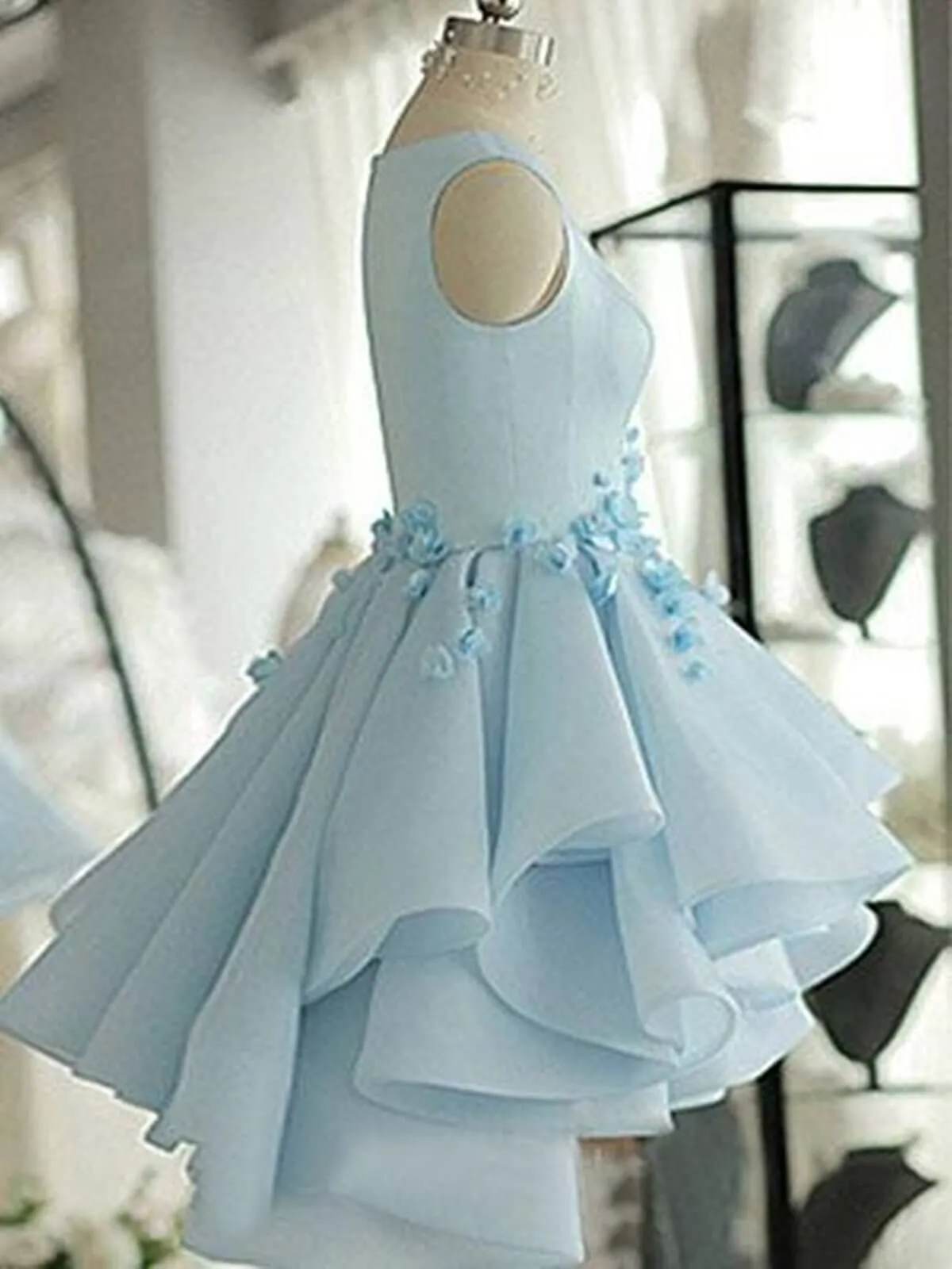 3D Flower Short Blue Prom Dresses, 3D Floral Short Blue Graduation Homecoming Dresses