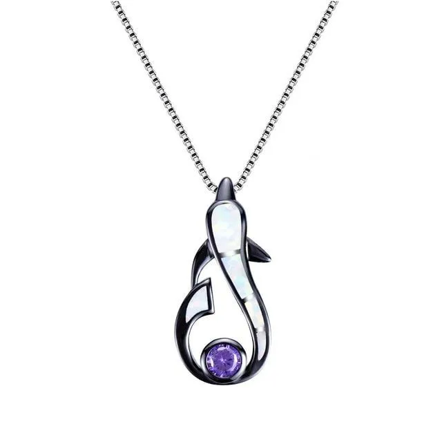 925 Sterling Silver Dolphin Opal Gemstone Pendant and Chain Necklace