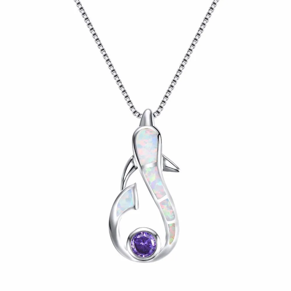 925 Sterling Silver Dolphin Opal Gemstone Pendant and Chain Necklace