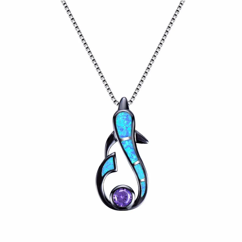 925 Sterling Silver Dolphin Opal Gemstone Pendant and Chain Necklace