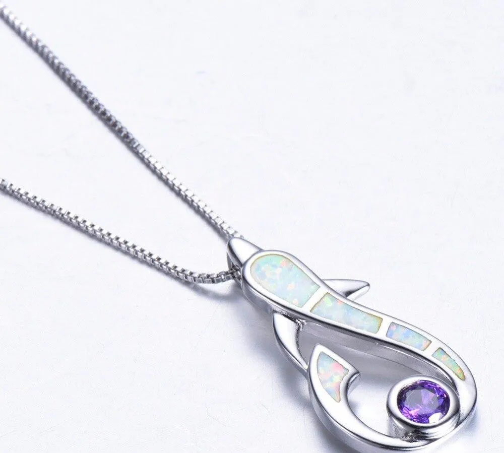 925 Sterling Silver Dolphin Opal Gemstone Pendant and Chain Necklace