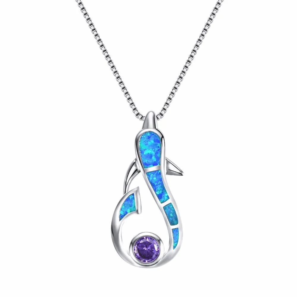 925 Sterling Silver Dolphin Opal Gemstone Pendant and Chain Necklace