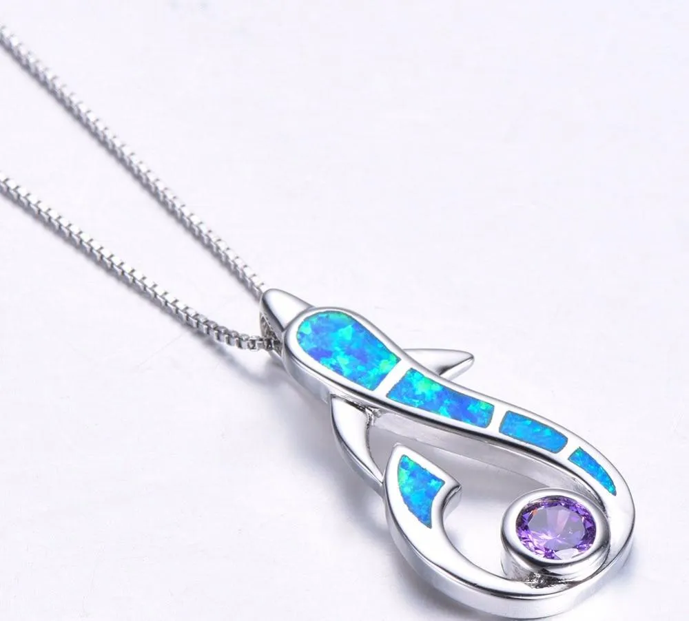 925 Sterling Silver Dolphin Opal Gemstone Pendant and Chain Necklace