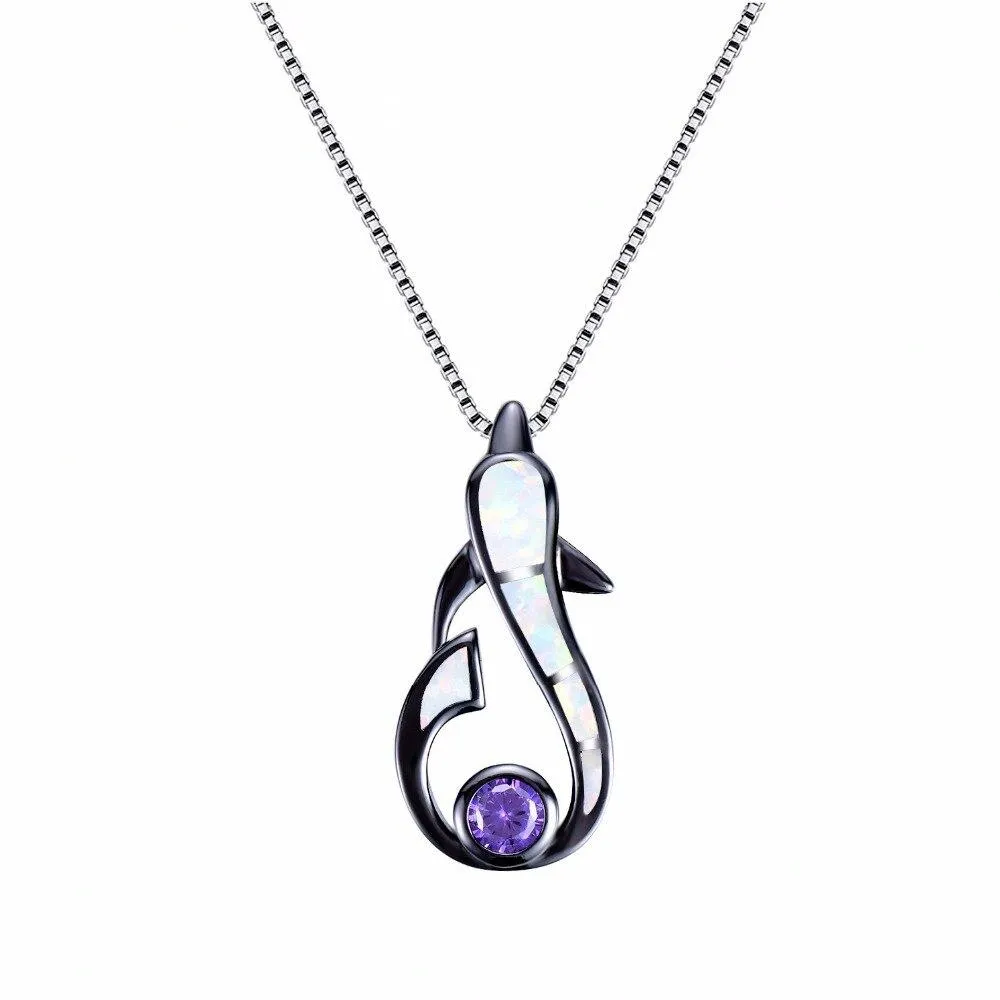 925 Sterling Silver Dolphin Opal Gemstone Pendant and Chain Necklace