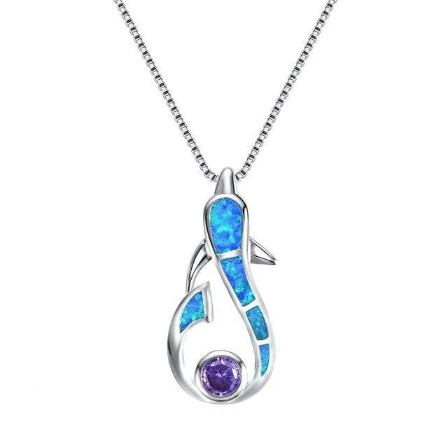 925 Sterling Silver Dolphin Opal Gemstone Pendant and Chain Necklace