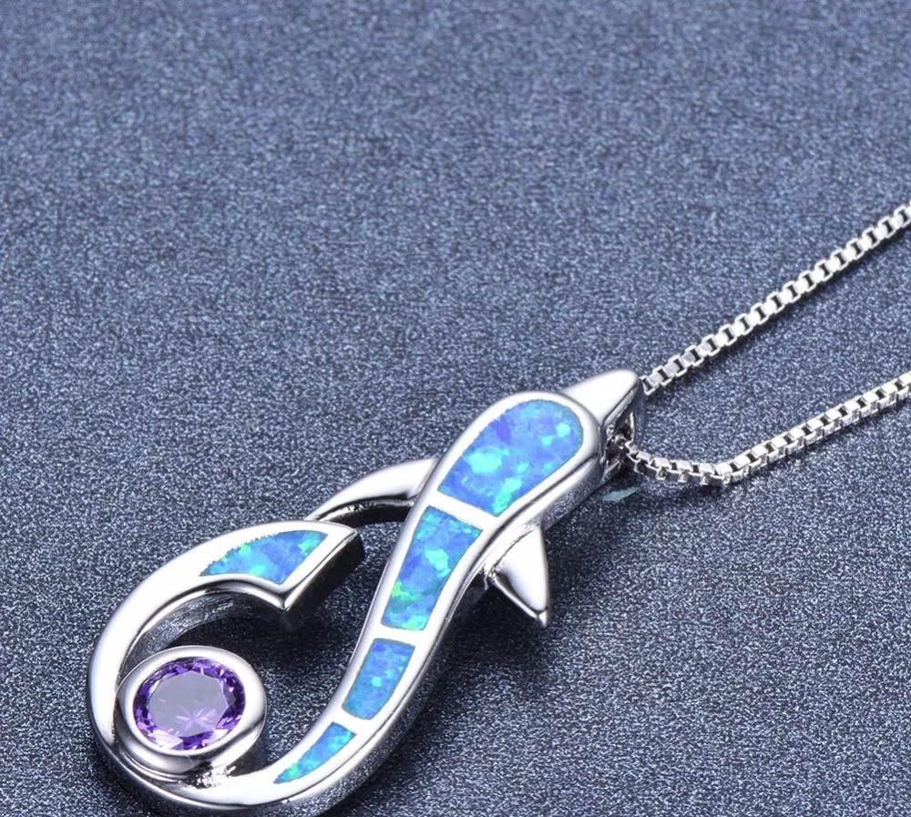 925 Sterling Silver Dolphin Opal Gemstone Pendant and Chain Necklace