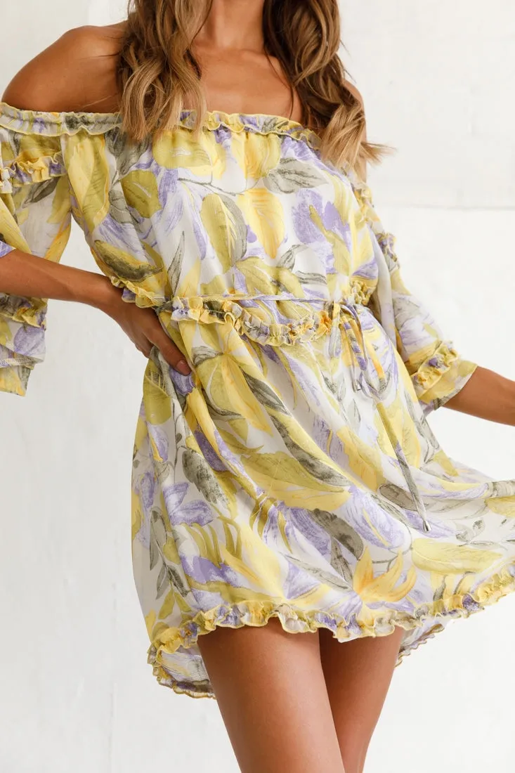 Adriel Off-Shoulder Frill Detail Dress Leaf Print White/Yellow