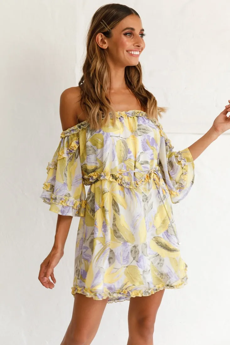 Adriel Off-Shoulder Frill Detail Dress Leaf Print White/Yellow