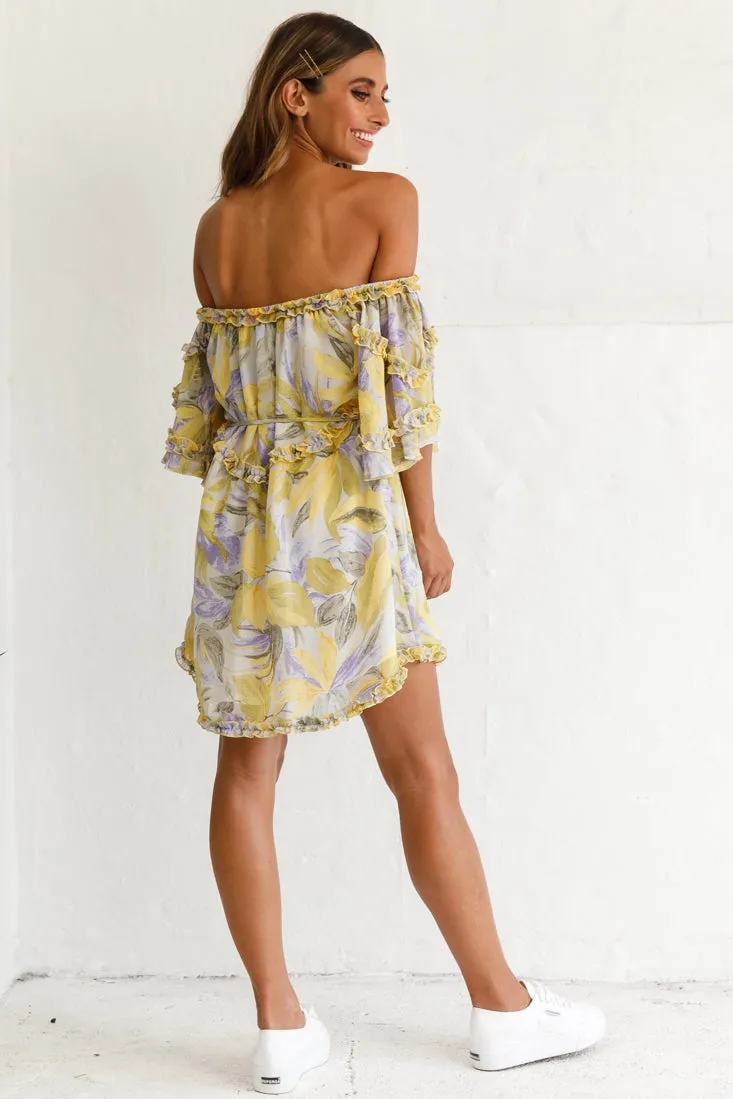 Adriel Off-Shoulder Frill Detail Dress Leaf Print White/Yellow