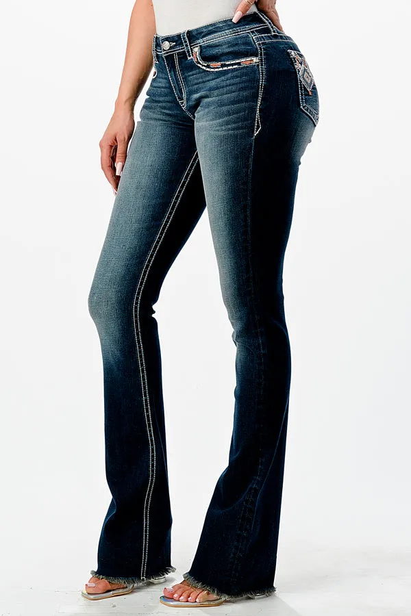 Aztec Detail Lycra & Recycle Fabric Mid Rise Bootcut Jeans