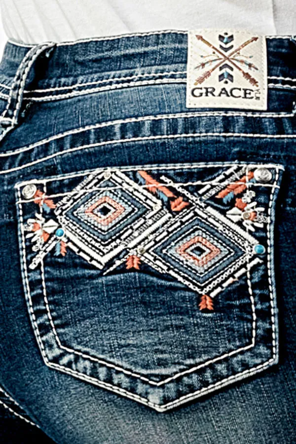 Aztec Detail Lycra & Recycle Fabric Mid Rise Bootcut Jeans