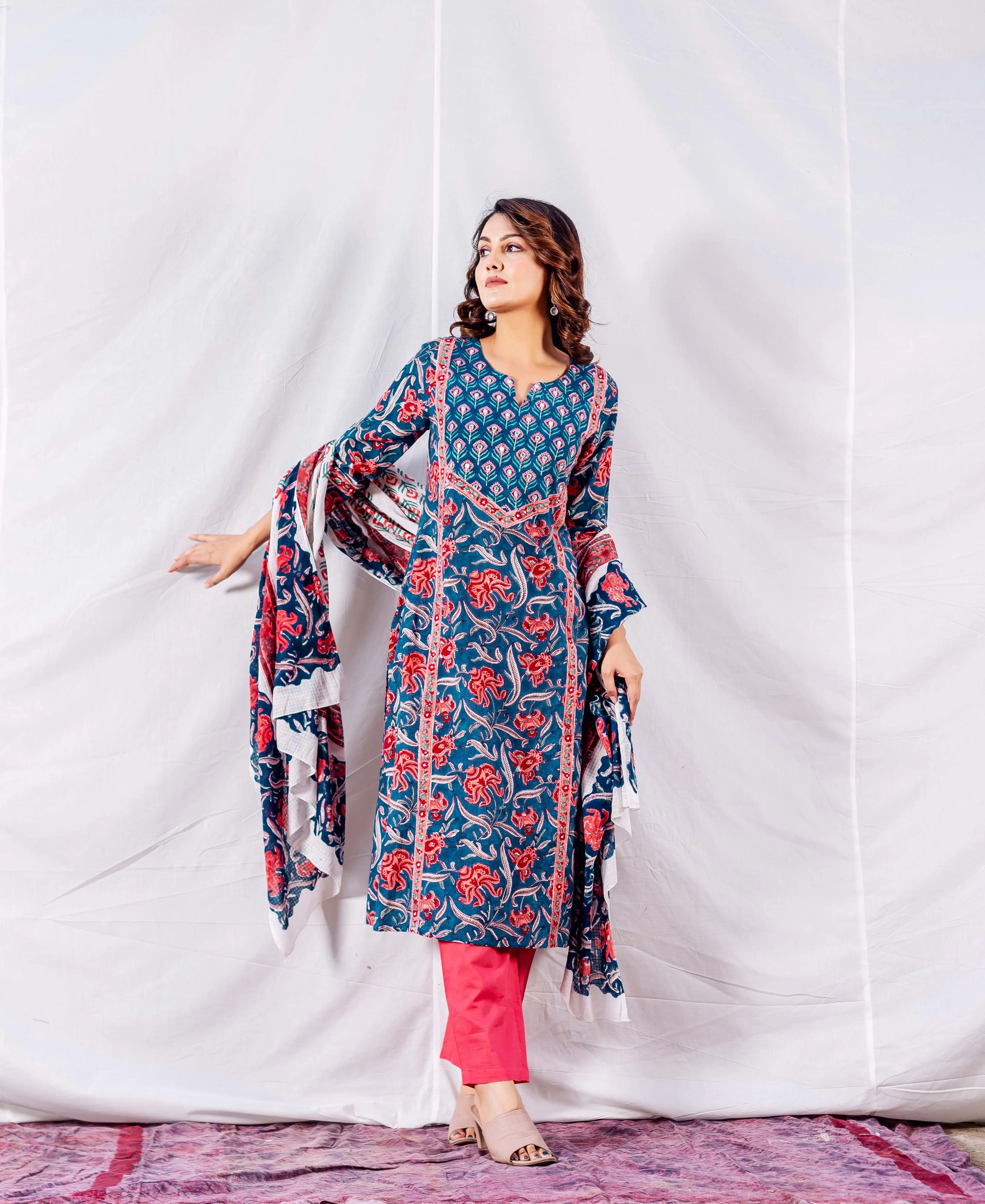 Azure Blossom Block Print Kurta