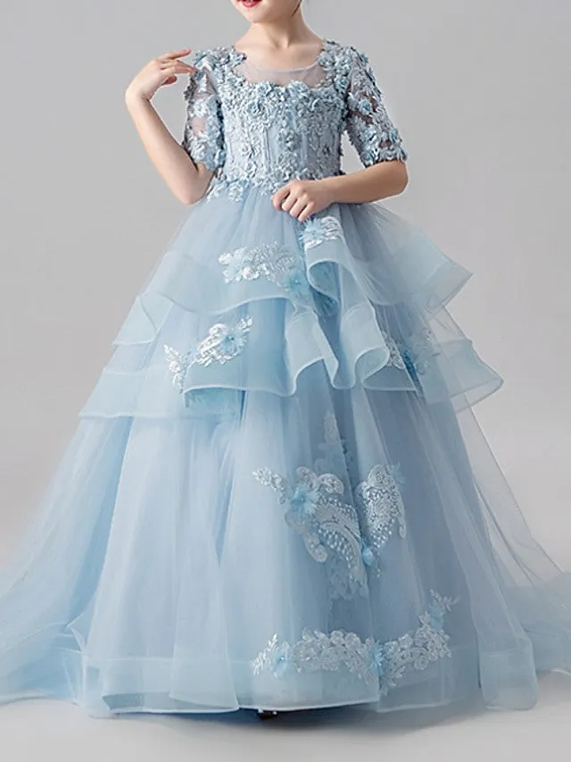 Ball Gown Jewel Neck Sweep Brush Train Pageant Flower Girl Dresses with Sleeves