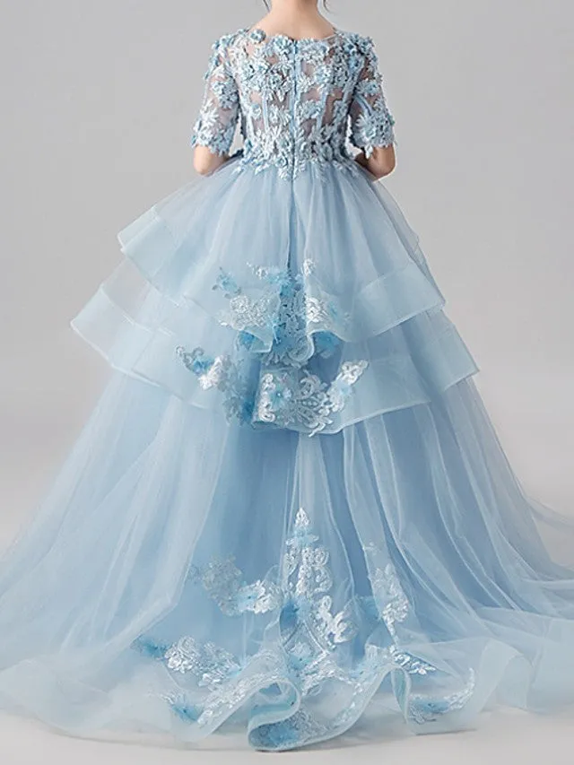 Ball Gown Jewel Neck Sweep Brush Train Pageant Flower Girl Dresses with Sleeves