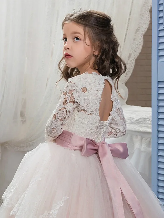 Ball Gown Lace Tulle Sweep Brush Train Wedding Birthday Pageant Flower Girl Dresses with Sleeves