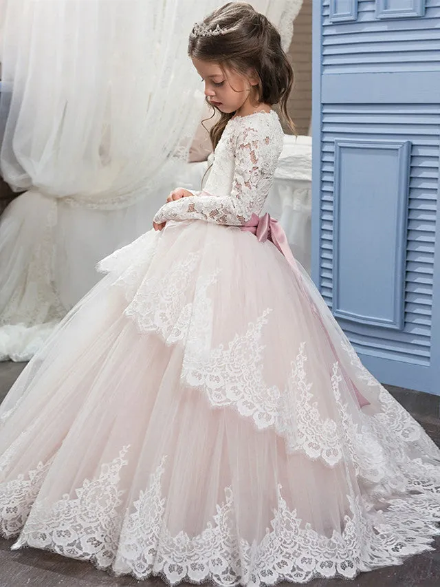 Ball Gown Lace Tulle Sweep Brush Train Wedding Birthday Pageant Flower Girl Dresses with Sleeves