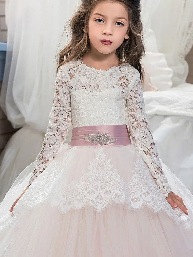 Ball Gown Lace Tulle Sweep Brush Train Wedding Birthday Pageant Flower Girl Dresses with Sleeves