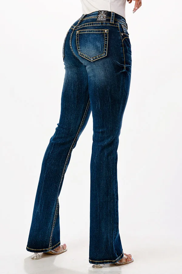 Basic 5 Pockets Design Mid Rise Bootcut Jeans