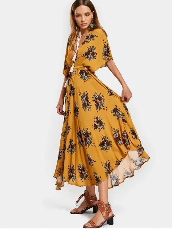 Beautiful Batwing Floral Cut Out Maxi Dress