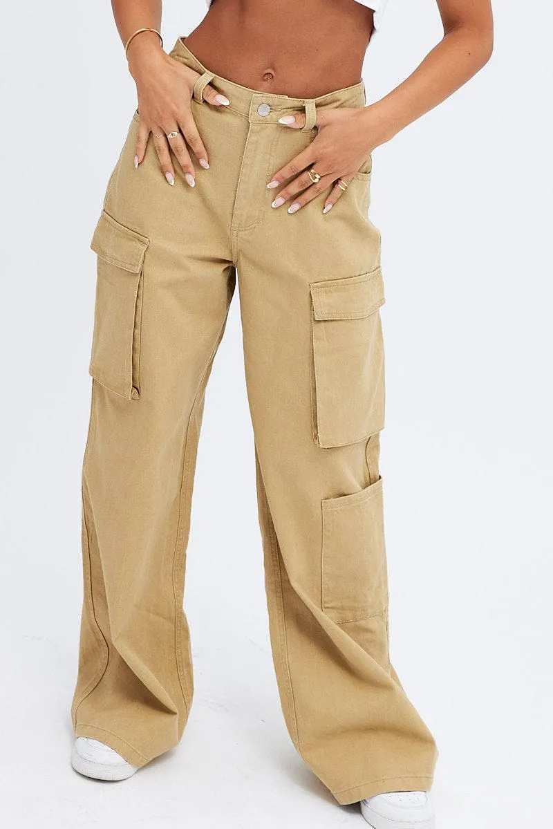 Beige Cargo Jeans Wide Leg Mid Rise