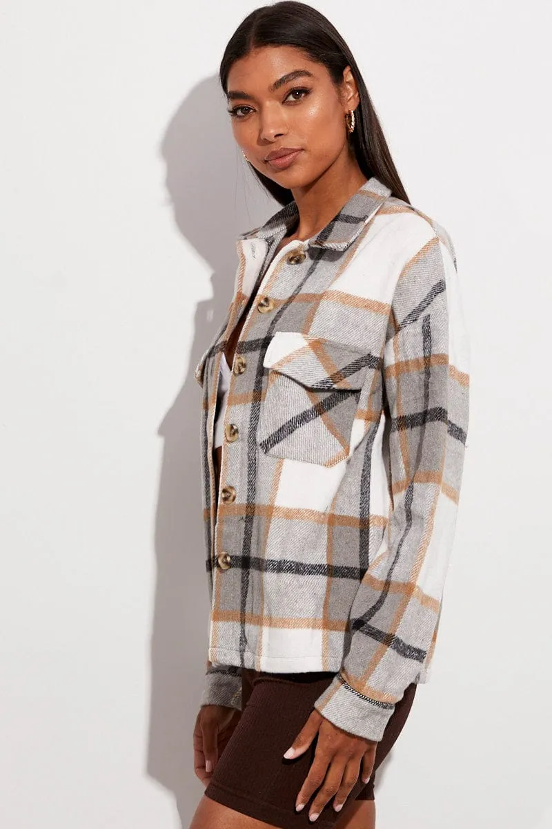 Beige Check Print Shirt Long Sleeve