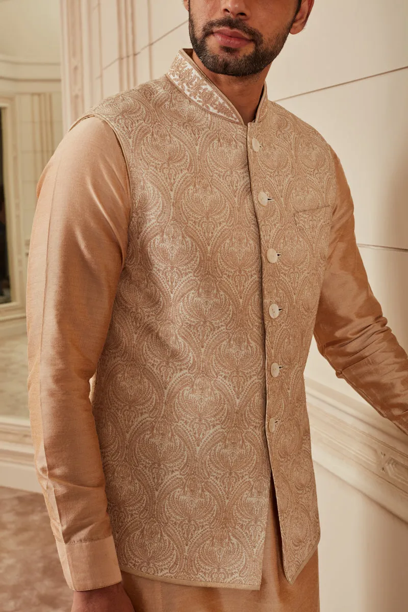 Beige Embroidered Kurta Bundi Set