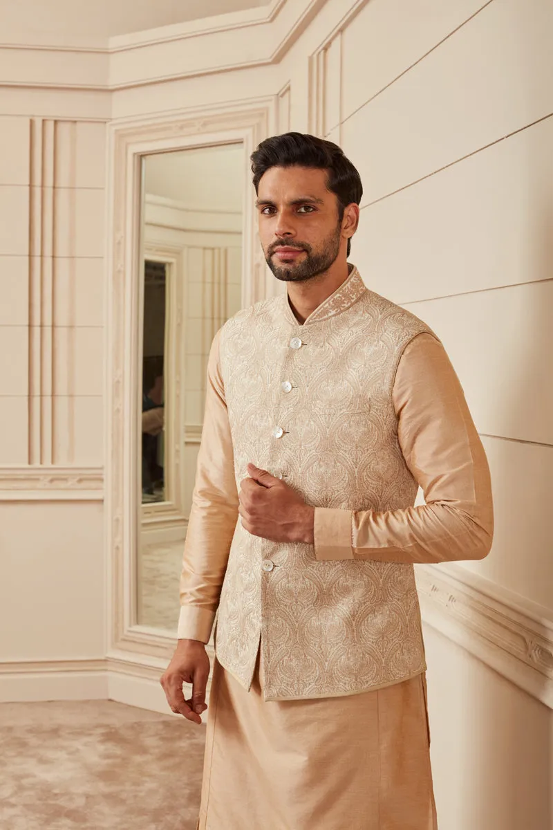 Beige Embroidered Kurta Bundi Set