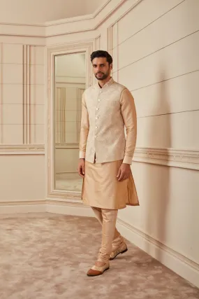 Beige Embroidered Kurta Bundi Set