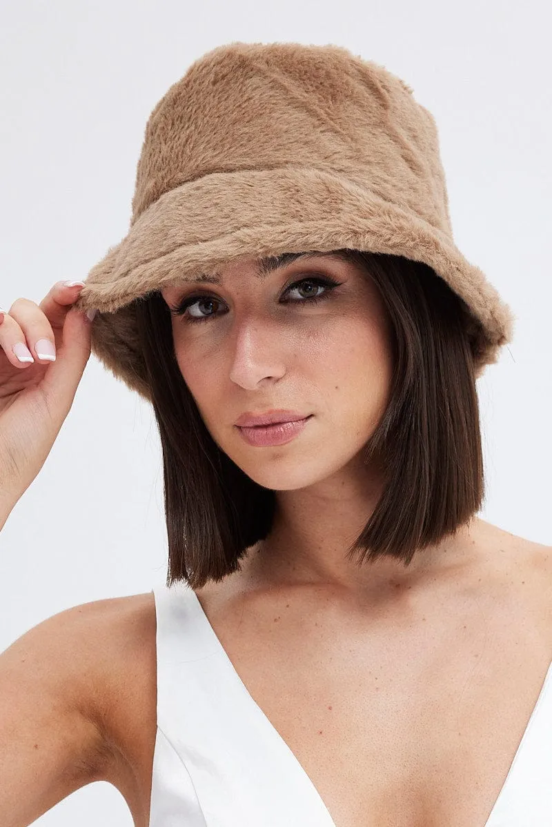 Beige Faux Fur Bucket Hat