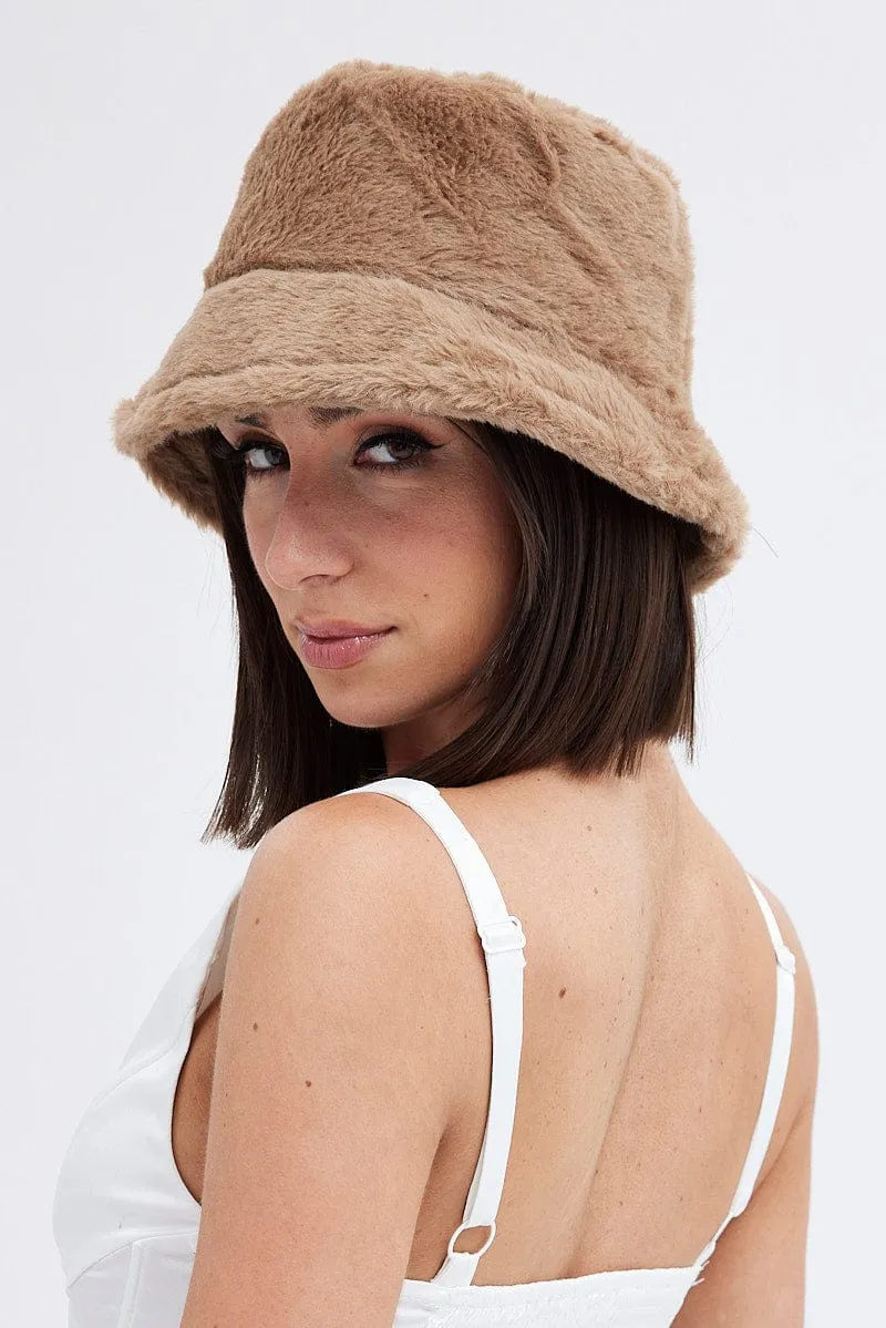 Beige Faux Fur Bucket Hat