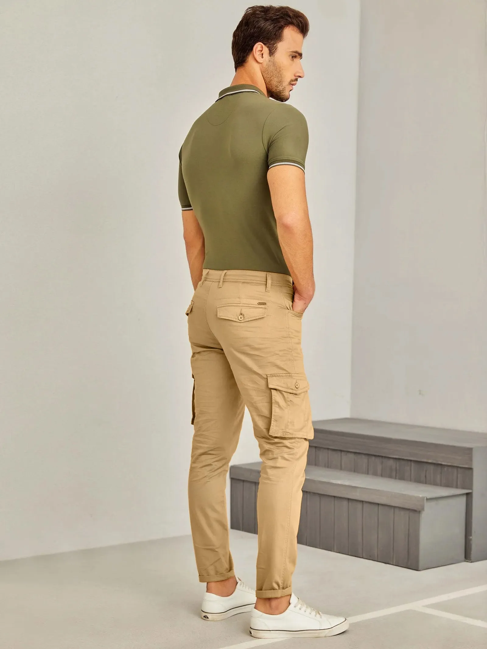 Beige Solid Stretch Cargo Trouser