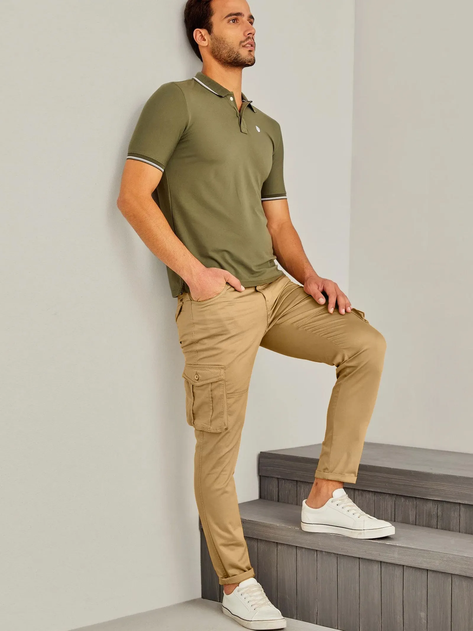 Beige Solid Stretch Cargo Trouser