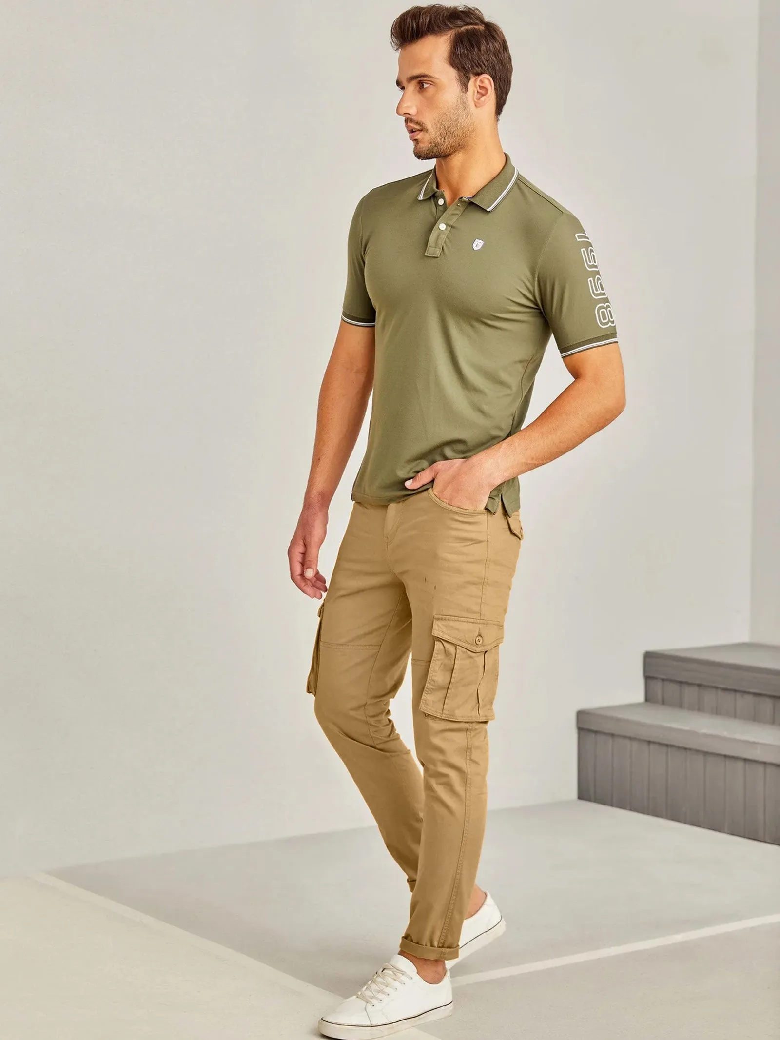 Beige Solid Stretch Cargo Trouser