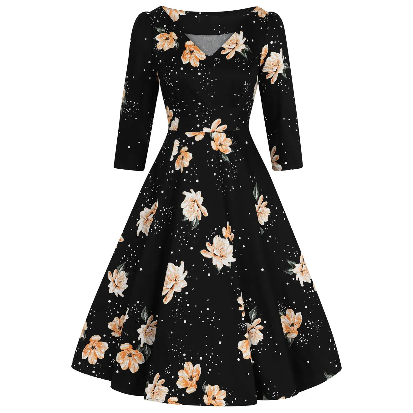 Black Floral Stardust 3/4 Sleeve Vintage Swing Dress