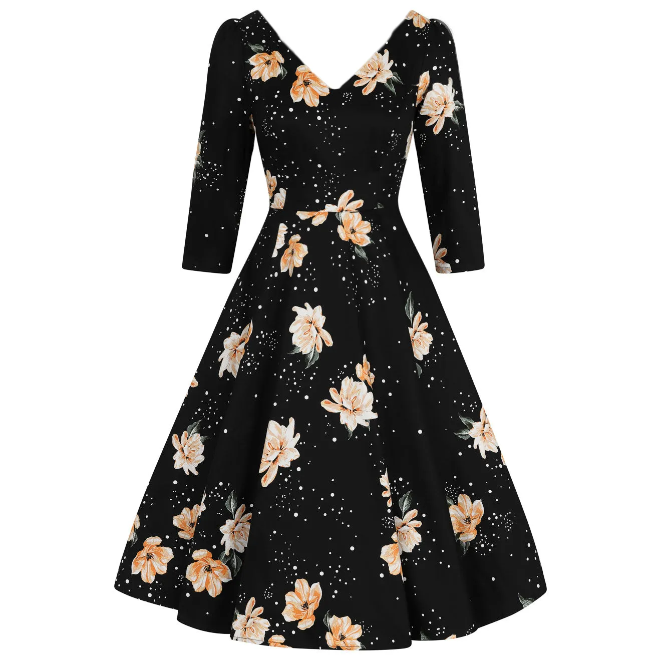 Black Floral Stardust 3/4 Sleeve Vintage Swing Dress