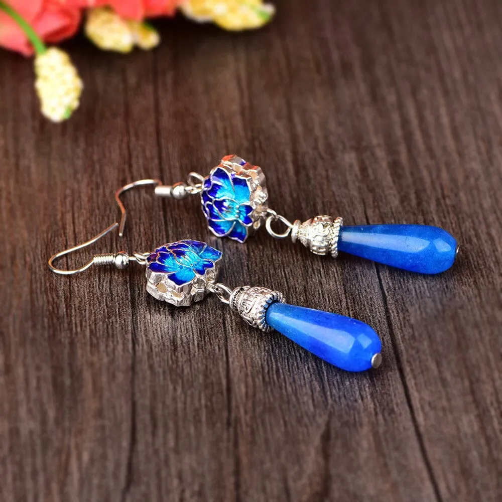 Blue Jade Lotus Drop Earrings