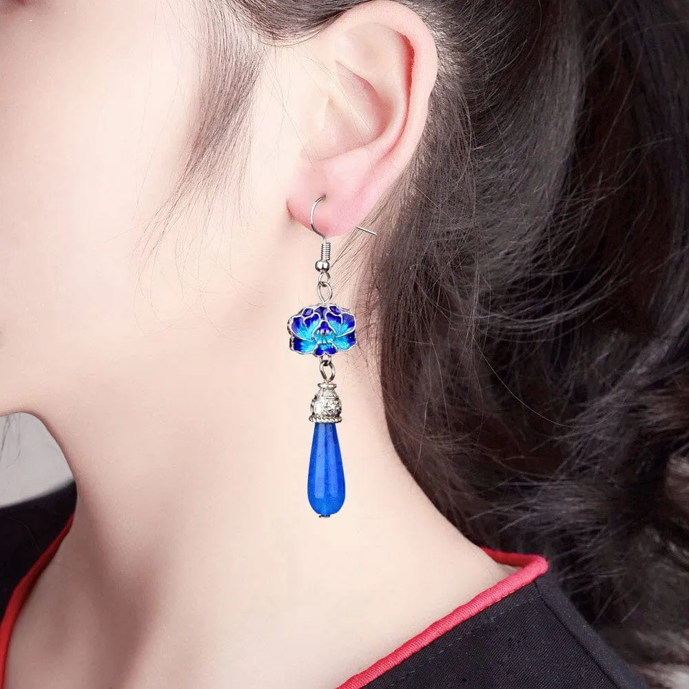 Blue Jade Lotus Drop Earrings