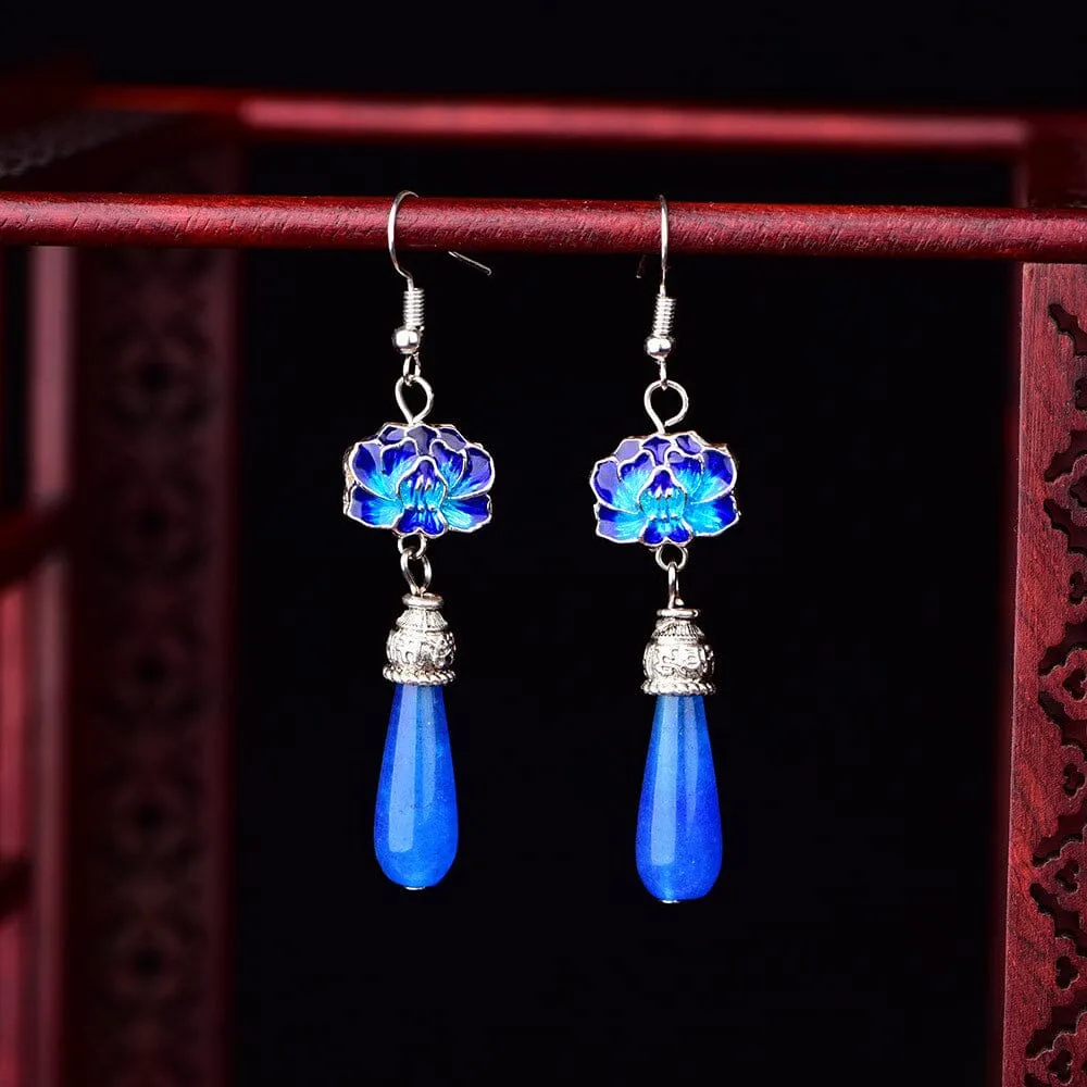 Blue Jade Lotus Drop Earrings