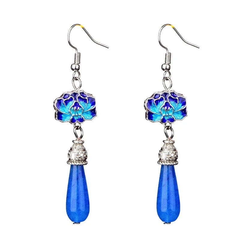 Blue Jade Lotus Drop Earrings