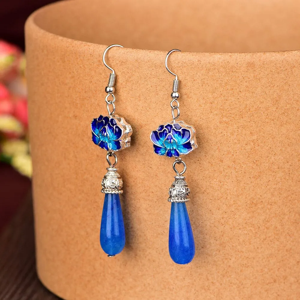 Blue Jade Lotus Drop Earrings