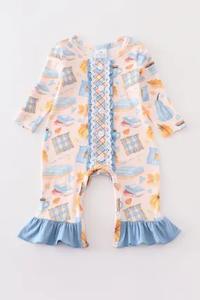 Blue plaid pumpkin print ruffle baby romper