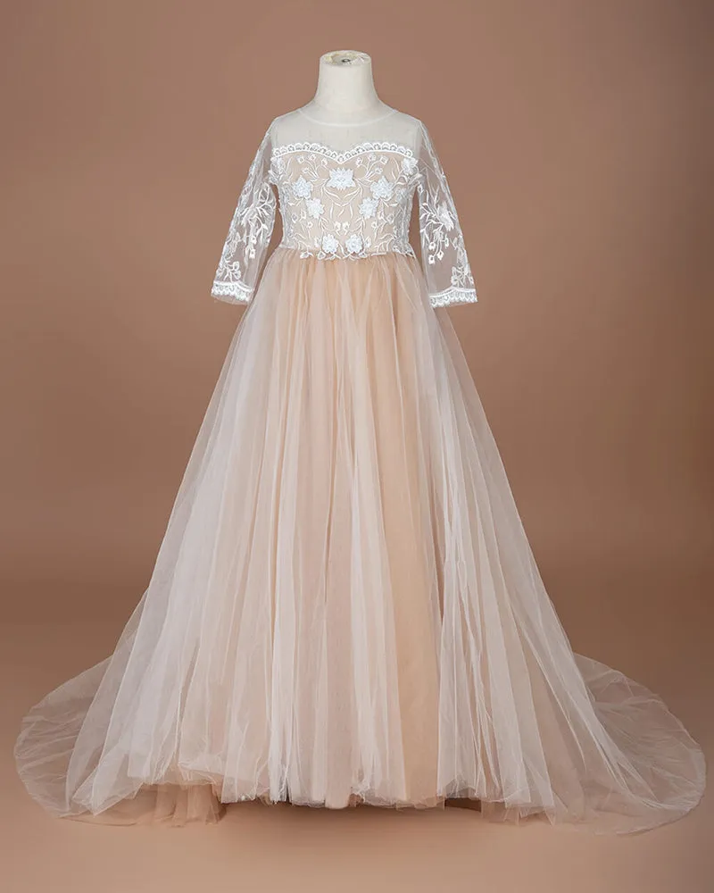 Boho Long Sleeves lace Tulle Flower Girl Dresses