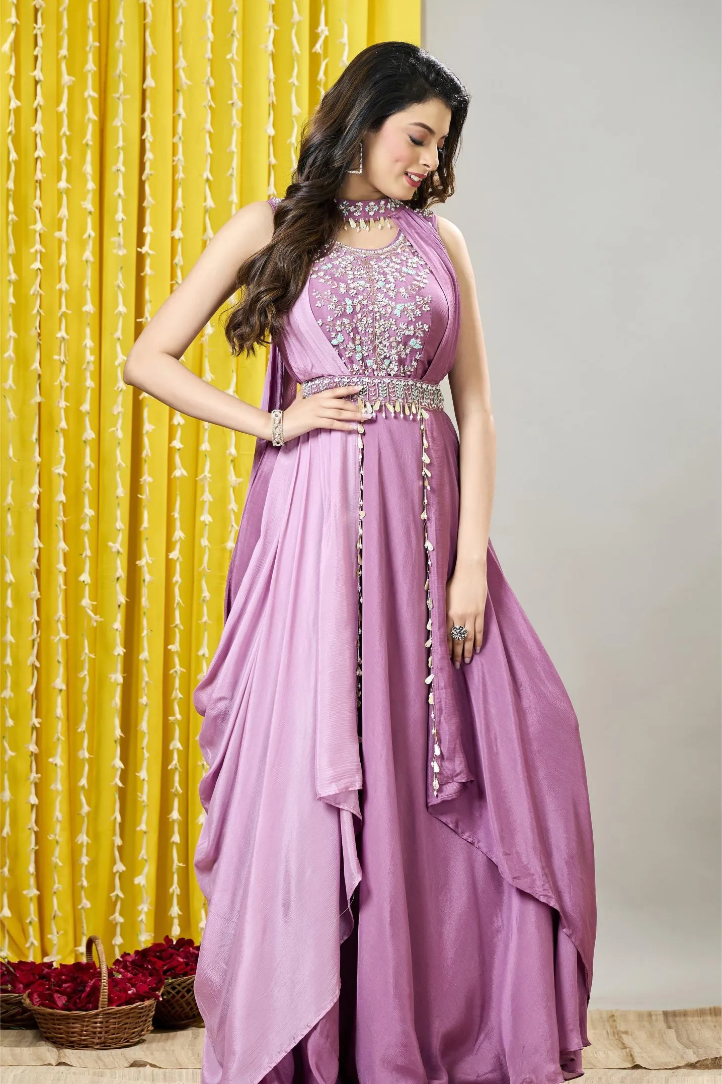 Bright Lilac Embellished Premium Chinon Silk Draped Gown